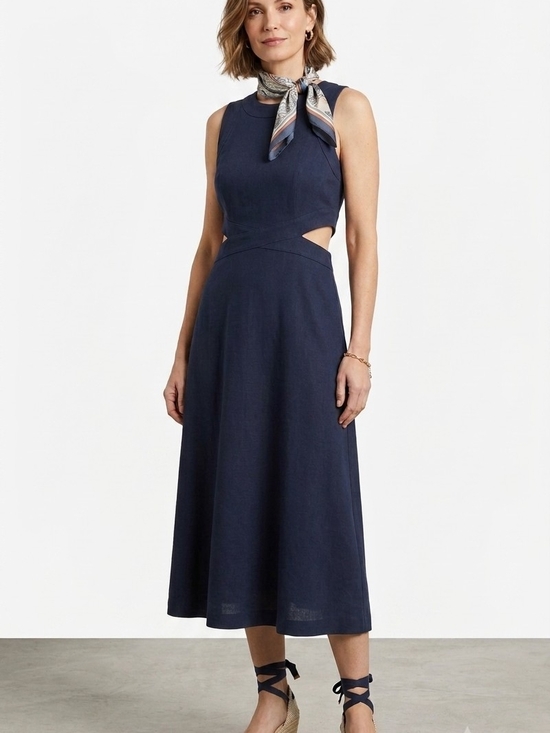 Nine West Dresses & Skirts - Nine West Navy Blue Linen Blend Sleeveless Navy Cutout Midi Dress Size XS